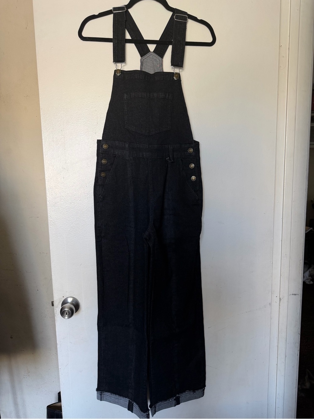 XS Dark Wash Cropped Wide Leg Denim Overalls Raw Hem Stretch Jumpsuit - Picture 2 of 10